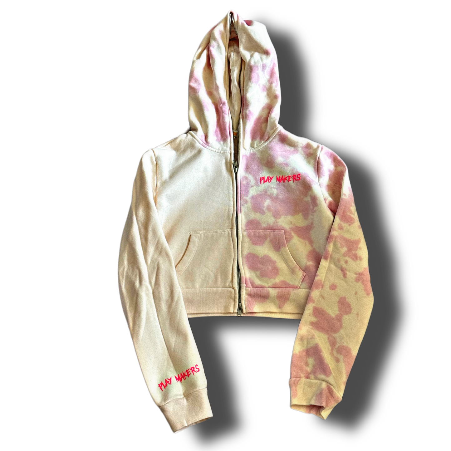 EXCLUSIVE CROPPED FULL ZIP BODY BAG HOODIE - COTTON CANDY PINK SPLIT TIE-DYE